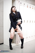Student masturbating in locker room wearing uniform panties down