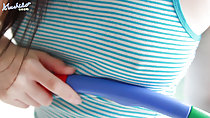 Hula hoop held under her small breasts erect nipple