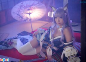 Emiri Momota in bunny ears showing breasts and shaved pussy