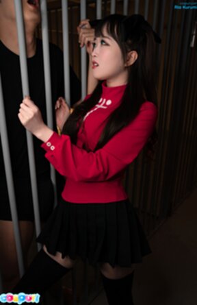 Ria Kurumi giving handjob through bars and sucking cock