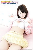 Lying back on couch short hair raising top over her bra frilly yellow skirt raised over her shaved pussy cleft
