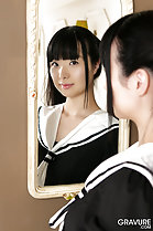 Kogal Miku Himeno looking in mirror wearing sailor suit outfit
