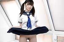 Lifting uniform skirt in pigtails teen Japanese girl Shizuku stripping kogal uniform baring trimmed pussy