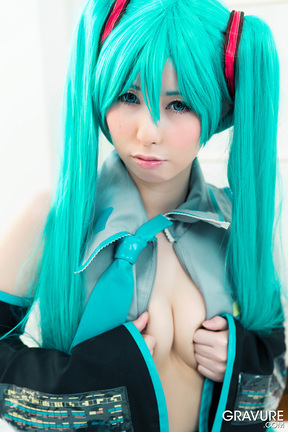 Miku Oguri in cosplay outfit flashing panties and shaved pussy