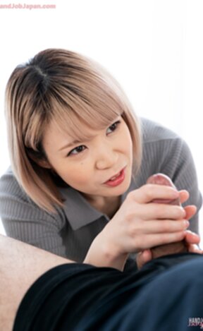 Aida Miku on her knees giving handjob and cum in her hand