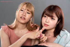 Yuu and Amane kneeling giving handjob and licking cum from their hands