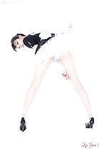 Anna Matsuda leaning forward in maid outfit upskirt panties in high heels