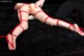 Lying on her front nude bound with rope legs spread pussy exposed