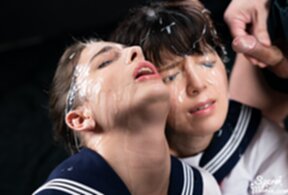 Kogals Scott Kristen and Mary in uniform receiving bukkake facials