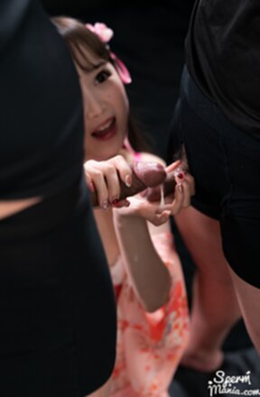 Kurumi Ria on her knees sucking cock and giving handjobs and milking cum