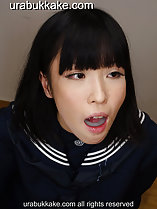 Leaning forward with mouth full of cum dripping down onto her seifuku uniform