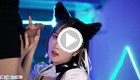 Ria Kurumi in stockings and high heels licking and sucking cock