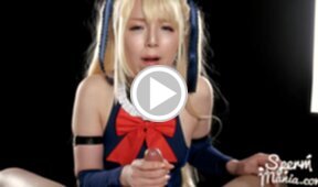 Mary on her knees giving handjob and cum in her mouth