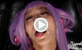 Kawanami Saki on all fours on couch receiving bukkake facials