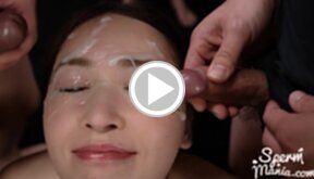 Gouda Kyoko kneeling nude blowbanged and taking bukkake facials