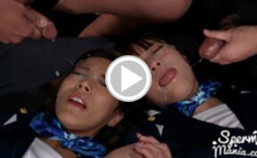 Flight attendants Kawanami Saki and Komatsu Aya in stockings riding cock and facials